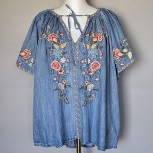 Karen Seo Blue Boho Floral Embroidered Peasant Tencel Top Blouse